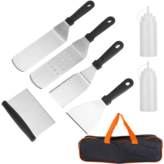 title:7-Piece BBQ Griddle Utensil Set - Stainless Steel Accessories Kit for Outdoor Grilling. Perfect for Parties, Camping, and Tailgating.;color:Black