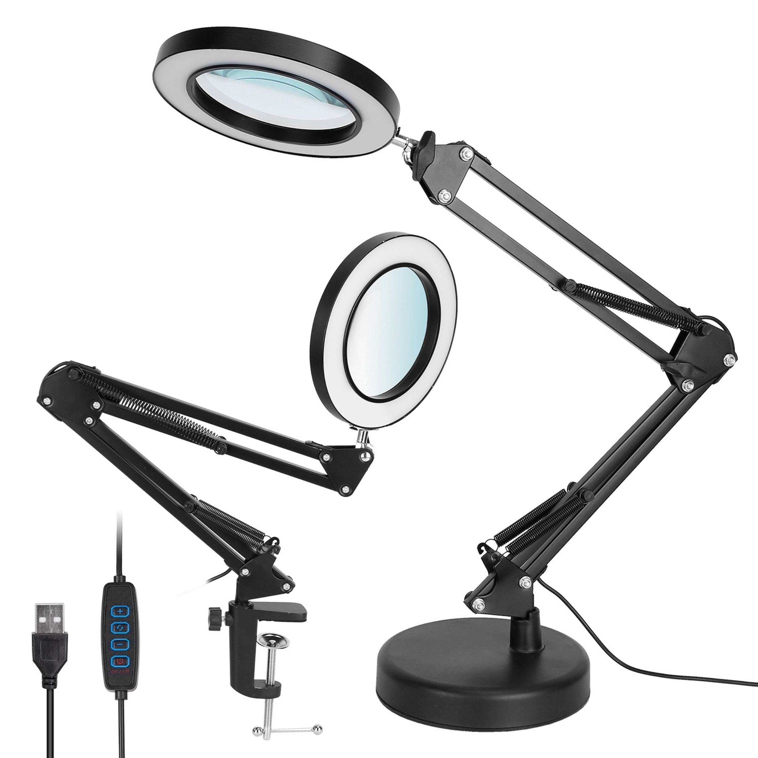 title:2-in-1 LED Magnifier Desk Lamp 8x with Light, Clamp Stand, Swing Arm, USB Reading Lamp. 10 Brightness, 3 Modes;color:Black