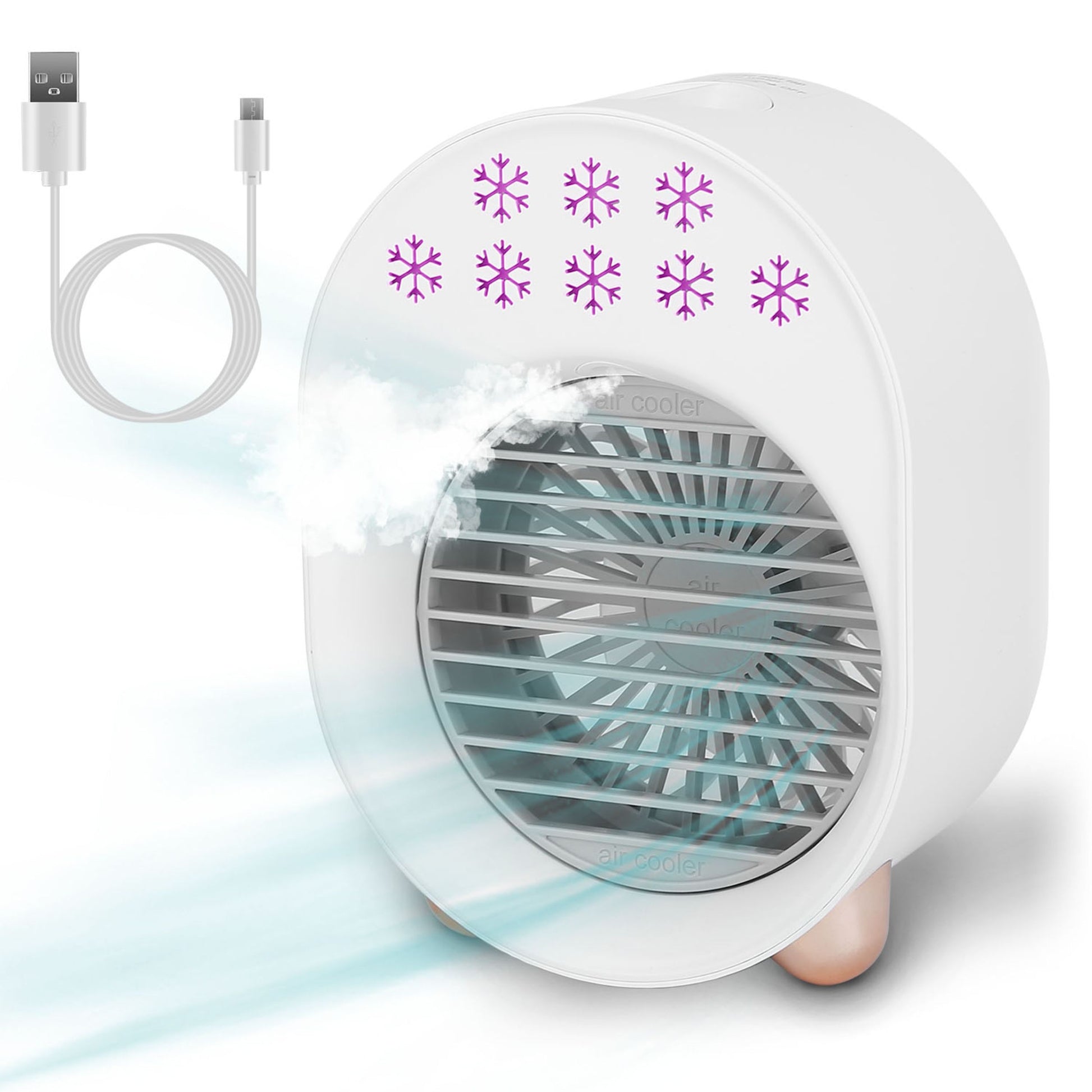 title:Portable Mini Desktop Air Conditioner Fan - 4-in-1 Cooling Pack, USB Rechargeable, 3 Wind Modes;color:White