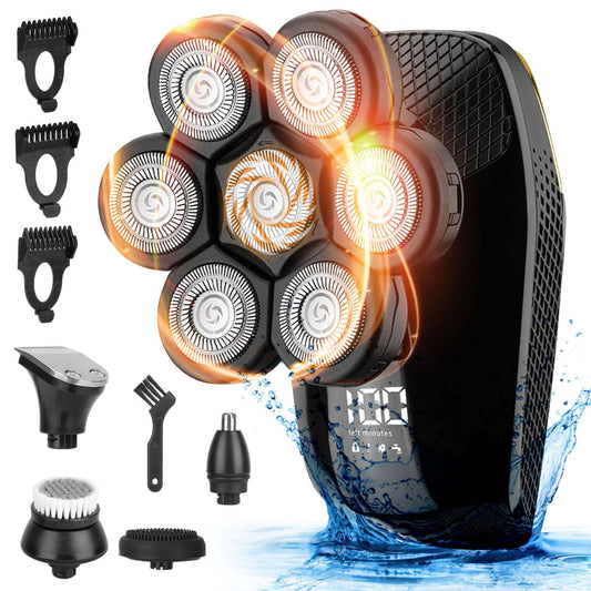 title:Bald Men's 5-in-1 Electric Rotary Razor Kit: Rechargeable, Cordless, IPX6 Waterproof, Dry/Wet Grooming with 3 Combs;color:Black