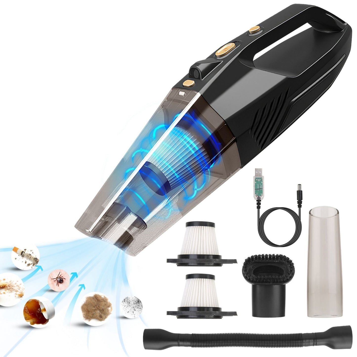 title:Powerful Handheld Car Vacuum Cleaner - 120W, 8000PA, Cordless, Wet/Dry, Accessory Kit;color:Black