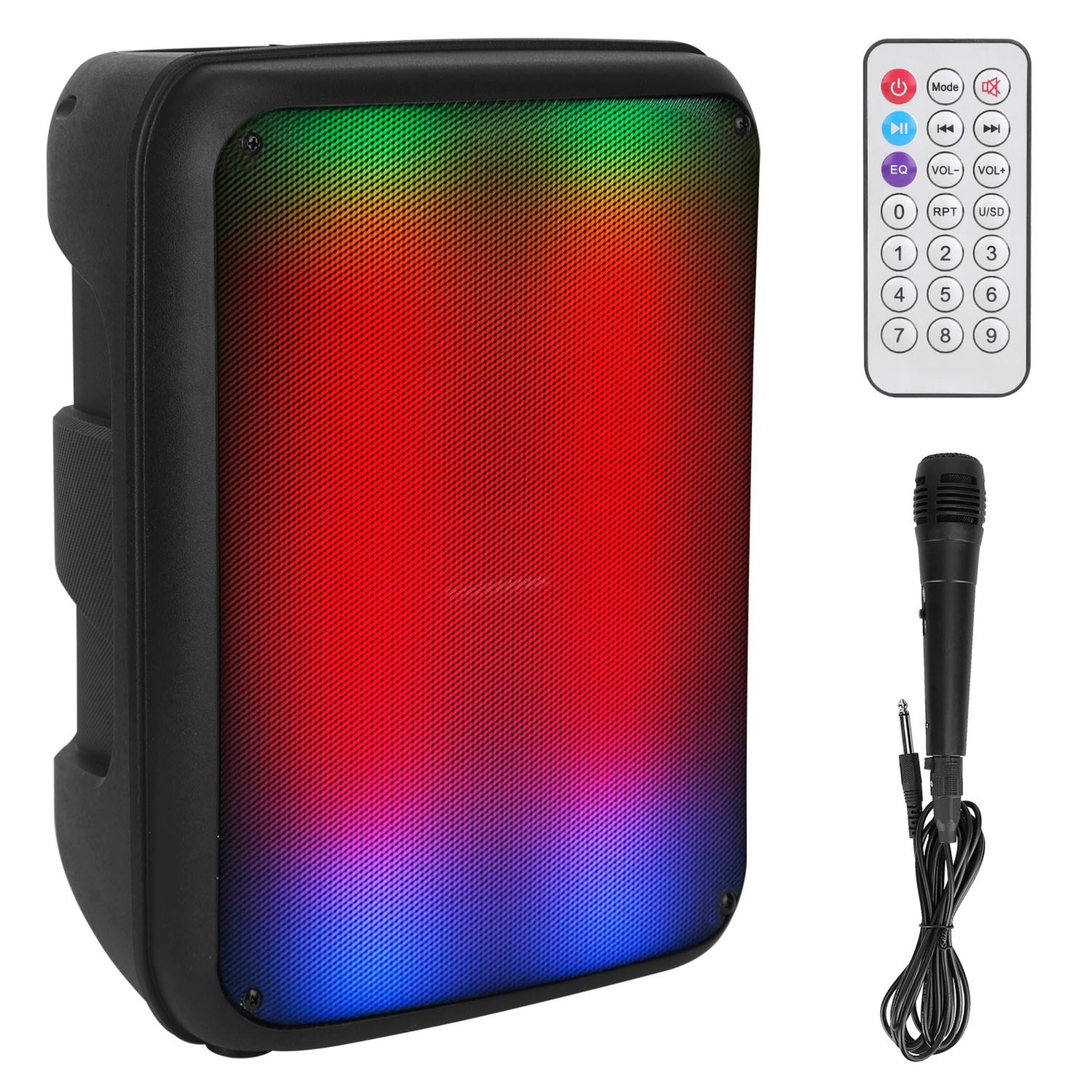 title:8in Portable Wireless Party Speaker with Colorful Lights, TWS Function, FM Radio, USB/MMC Card Reading, Aux In, Recording Function, Mic;color:Black