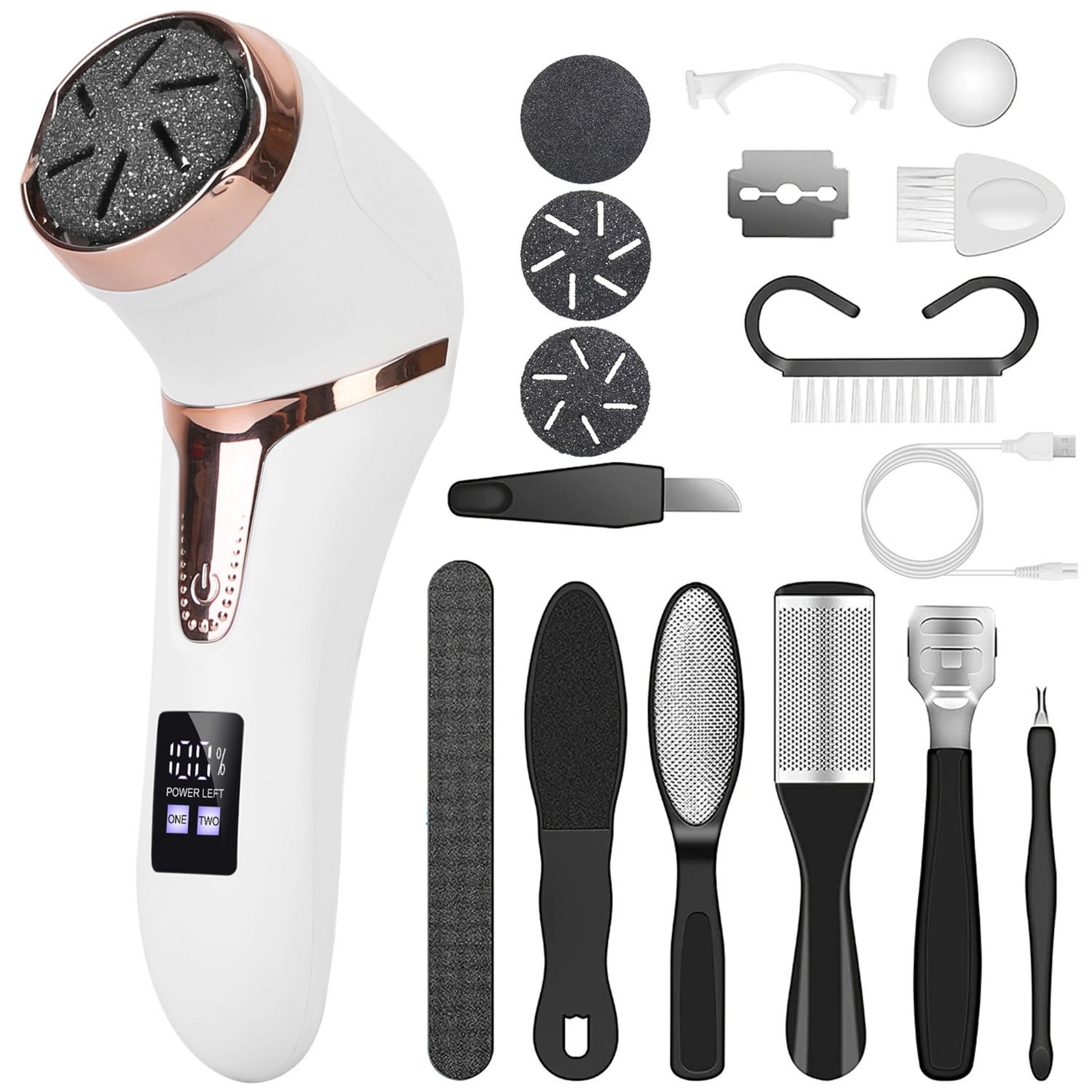 title:17Pc Electric Foot Callus Remover w/ Vacuum Foot Grinder, Rechargeable Foot File w/ 3 Grinding Heads, 2 Speeds - Foot Care;color:White