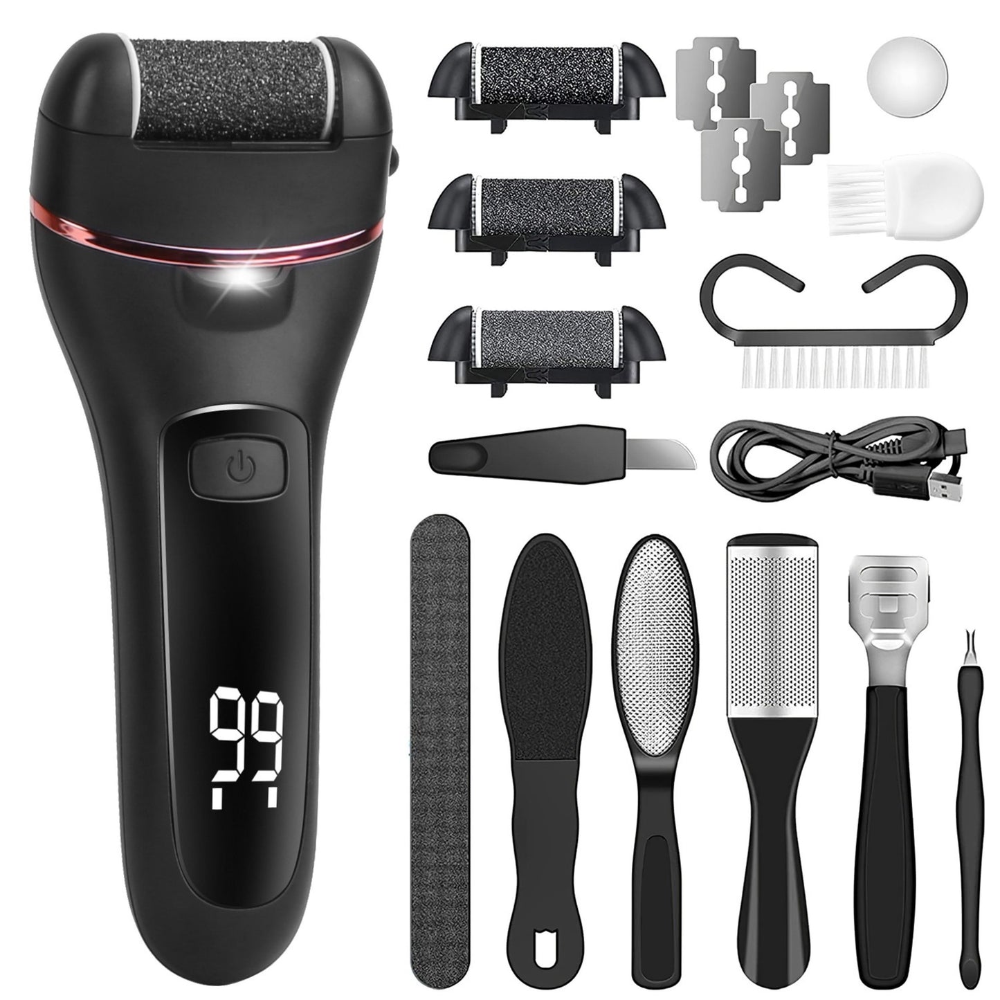 title:Rechargeable Electric Foot Callus Remover | 3 Roller Heads | 2 Speeds | 18 in 1 Foot Care Tool;color:Black