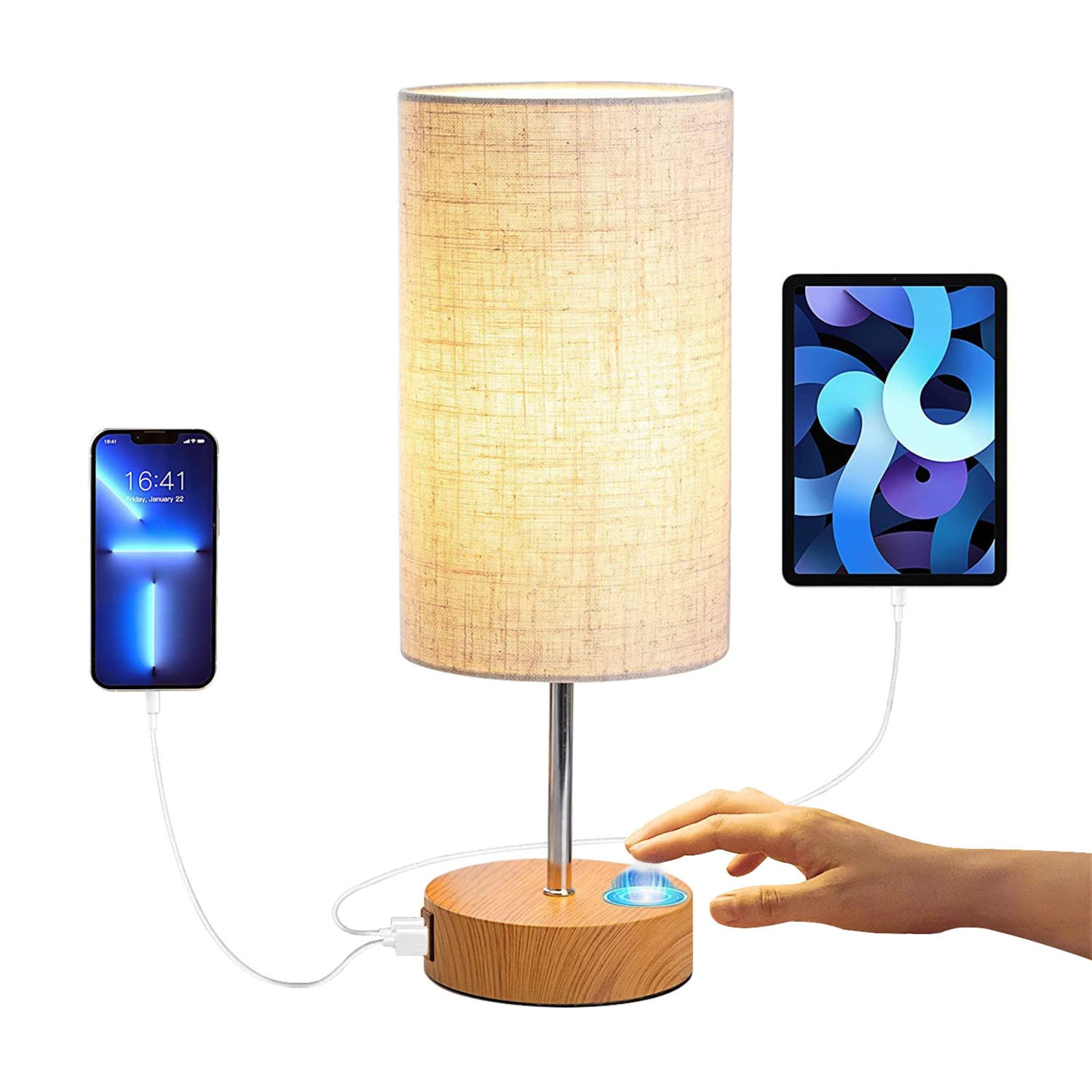 title:Dimmable 3-Way Touch Table Lamp, Bedroom Nightstand Light with USB Ports & LED Bulb;color:Wood