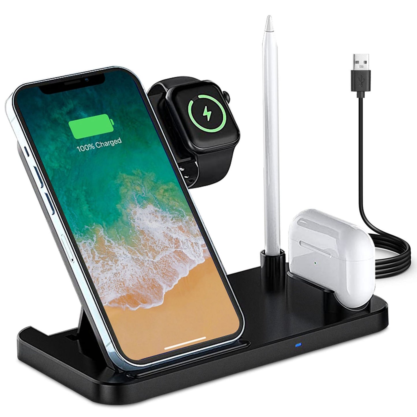 title:4-in-1 Foldable Wireless Charger: Fast Charging Station for iWatch, Apple Pencil, Airpod, iPhone, Samsung;color:Black