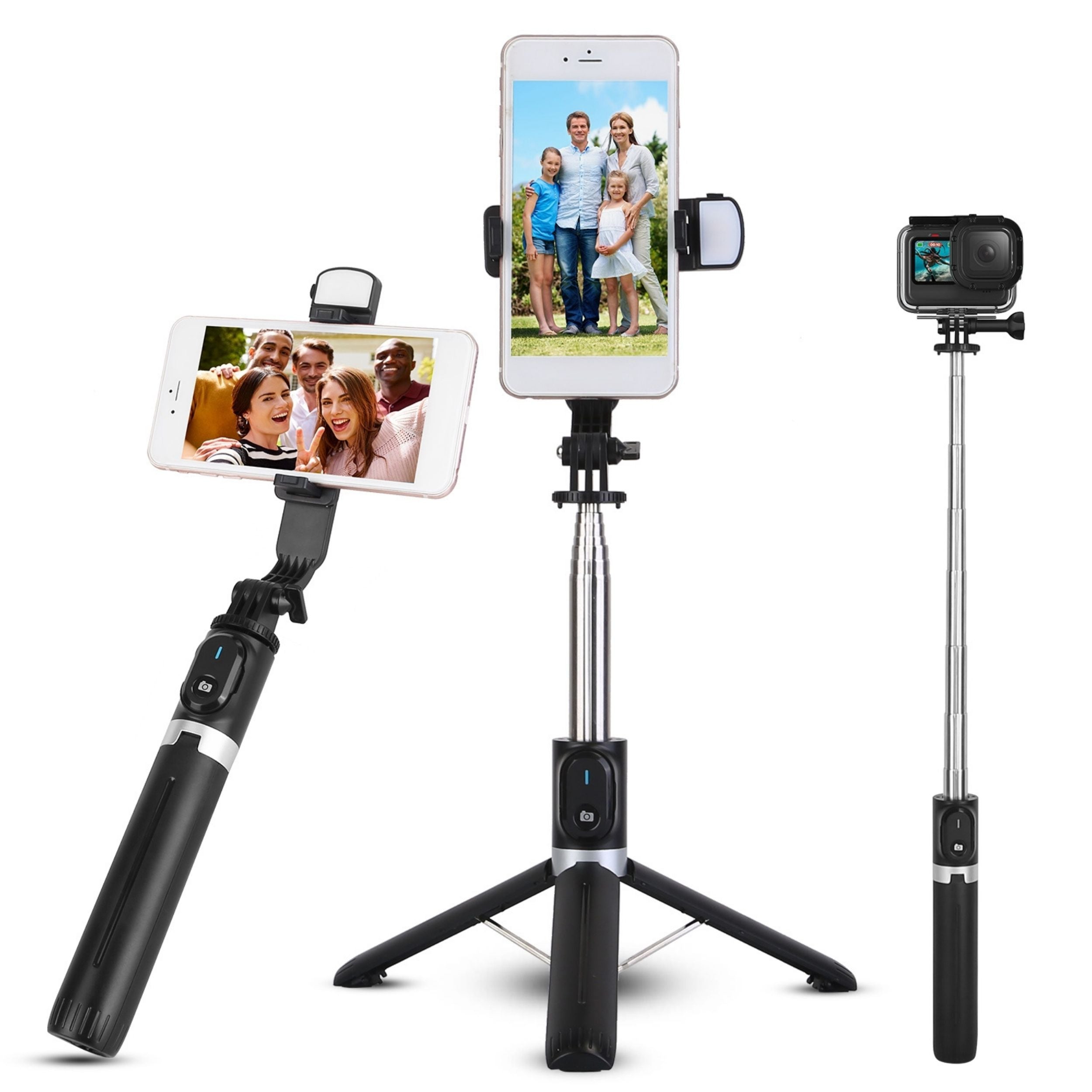 title:Wireless Selfie Stick Tripod: Portable & Foldable with Fill Lights & Remote Shutter. Fits Go Pro & 4.7"-7" Android/iOS Phones.;color:Black