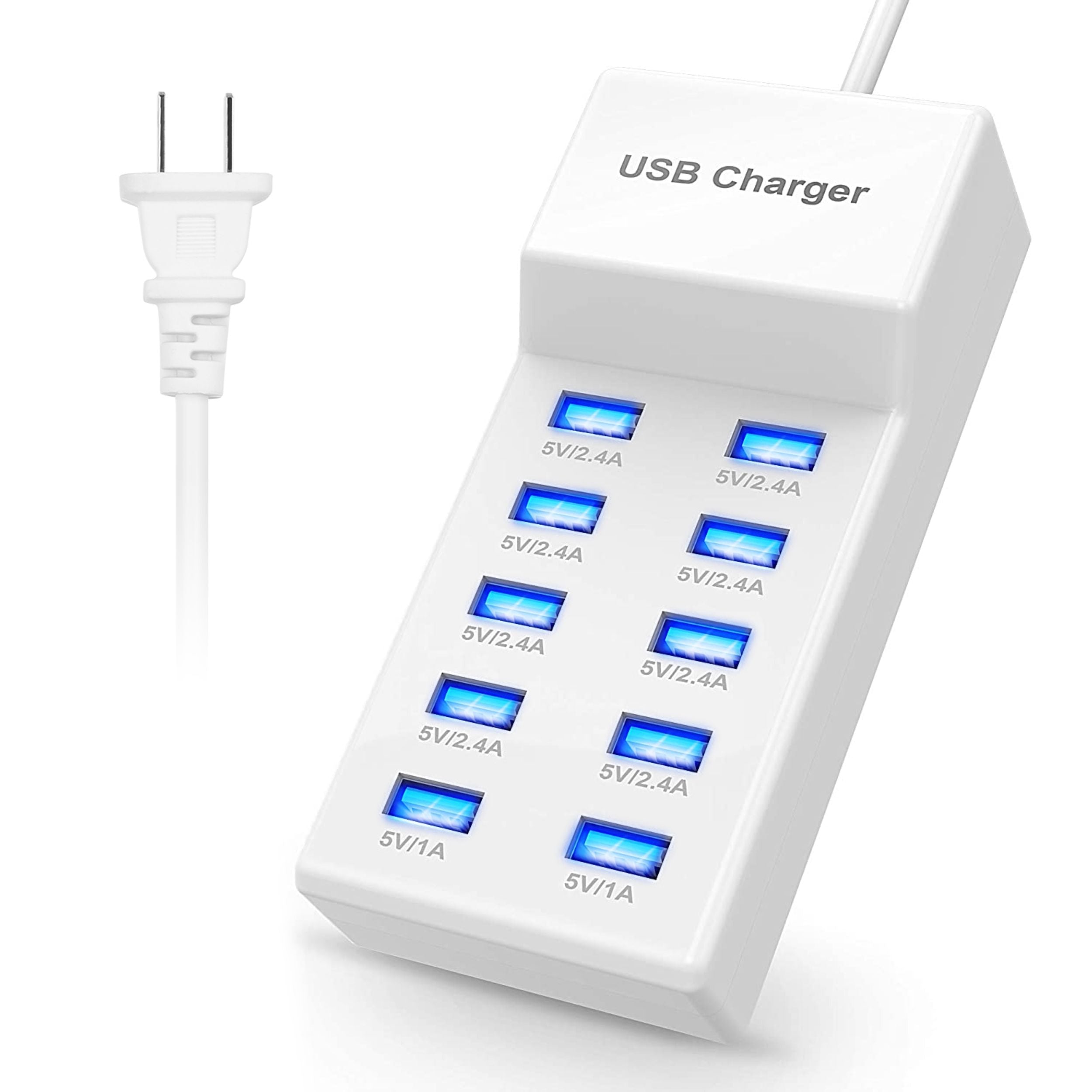 title:10-Port USB Charging Hub: Fast Charge Power Adapter for Phone & Tablet;color:White