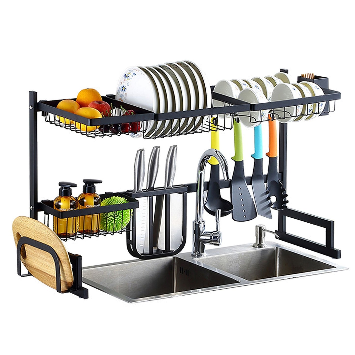 title:2-Tier Sink Dish Drying Rack, Stainless Steel, 33.7", Large Drainer & Utensil Organizer, Kitchen Countertop Dish Rack;color:Black