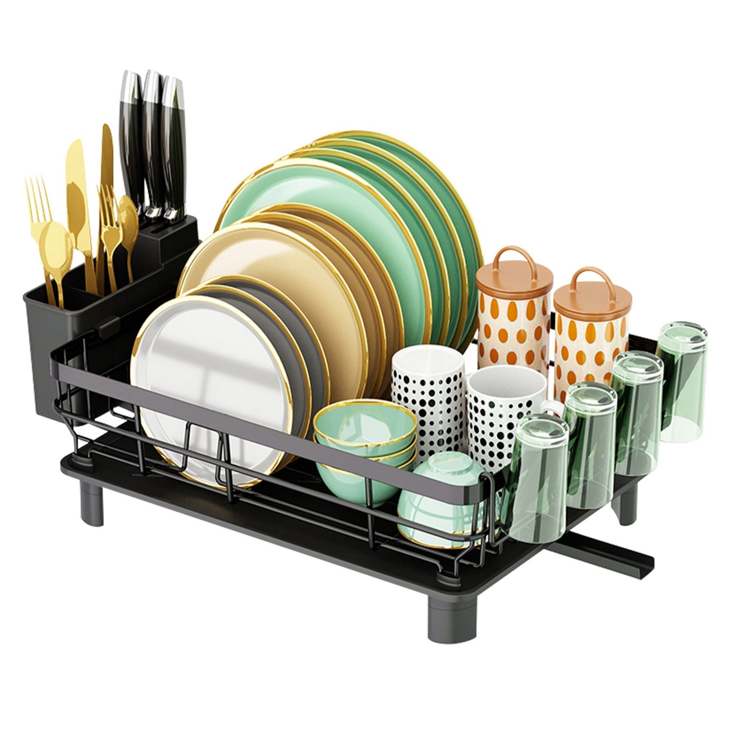 title:Kitchen Countertop Dish Drying Rack with Utensil Holder, Drain Board, and Storage Shelf;color:Black