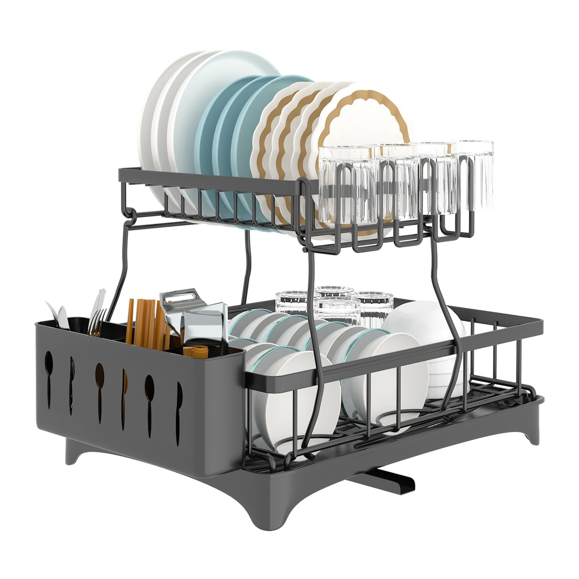 title:2-Tier Dish Drying Rack with Detachable Drainboard, Utensil Holder, Cup Rack & Swivel Spout - Kitchen Counter Organizer;color:Black