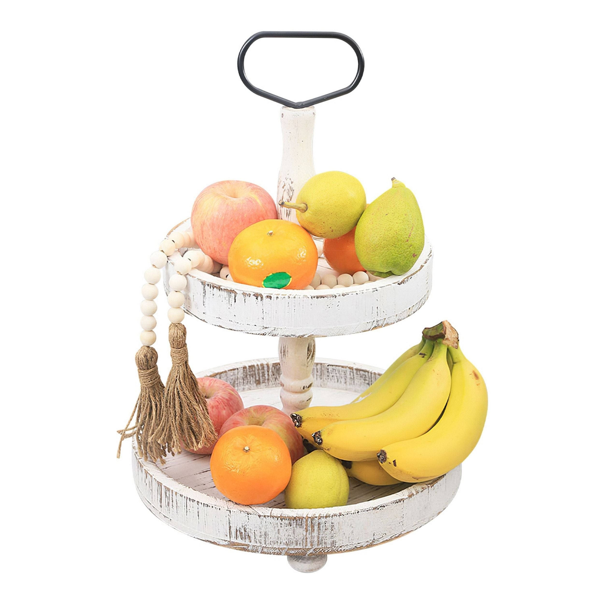 title:2 Tier Round Farmhouse Tray for Kitchen Table - Food Fruit Cupcake Stand - Coffee Countertop Display Tray (2-Tier);color:White