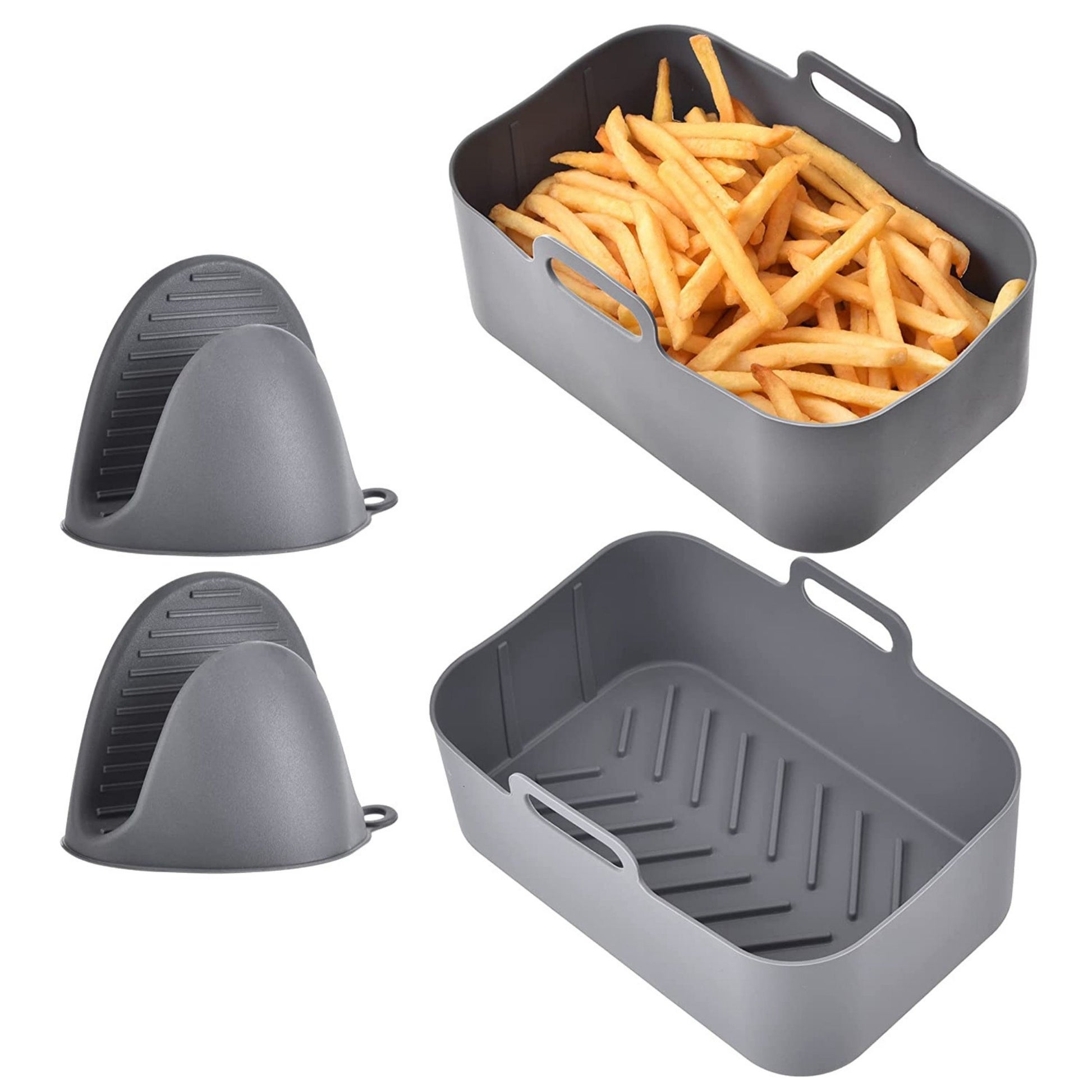 title:Reusable Air Fryer Silicone Pot for 6-8 Quart Oven, Rectangle Shape, Includes 2 Basket Pans, Parchment Liner Replacement & 1 Pair of Mittens;color:Gray