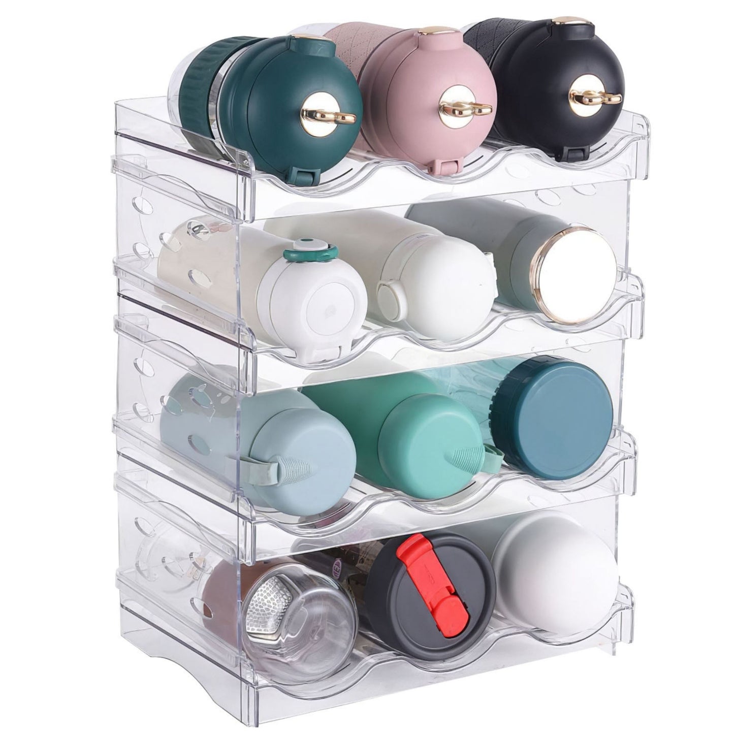 title:4 Tier Bottle Storage - 12 Bottles Transparent Stackable Organizer for Kitchen Fridge Cabinet Pantry;color:not applicable