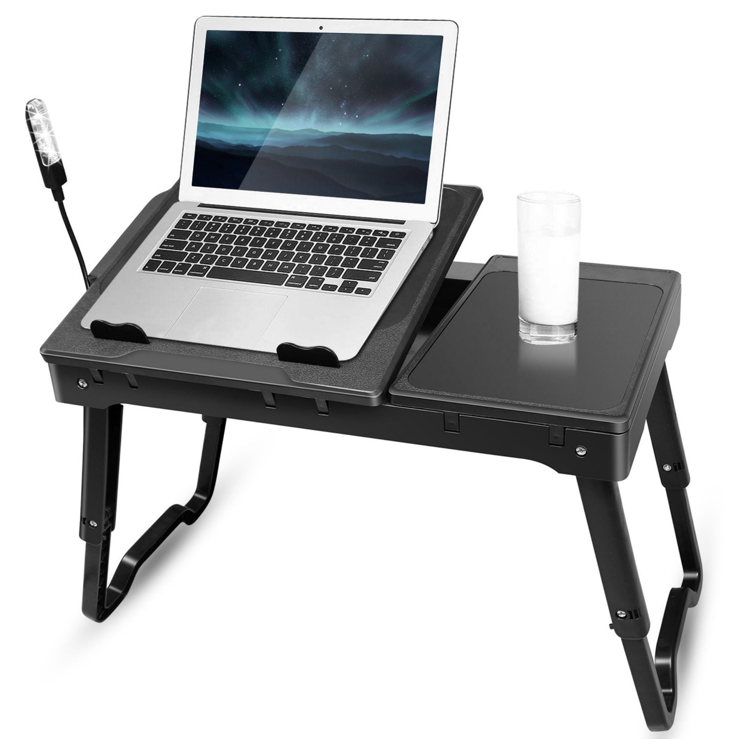 title:Foldable Laptop Table Bed Desk w/Cooling Fan Mouse Board LED 4 USB Ports Snacking Tray with Storage for Home Office;color:Black