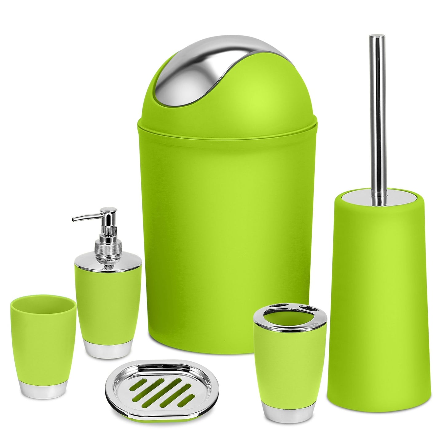 title:Bathroom Accessories Set 6 Pcs Bathroom Set Ensemble Complete Soap Dispenser Toothbrush Holder Tumbler Soap Dish Toilet Cleaning Brush Trash Can;color:Green