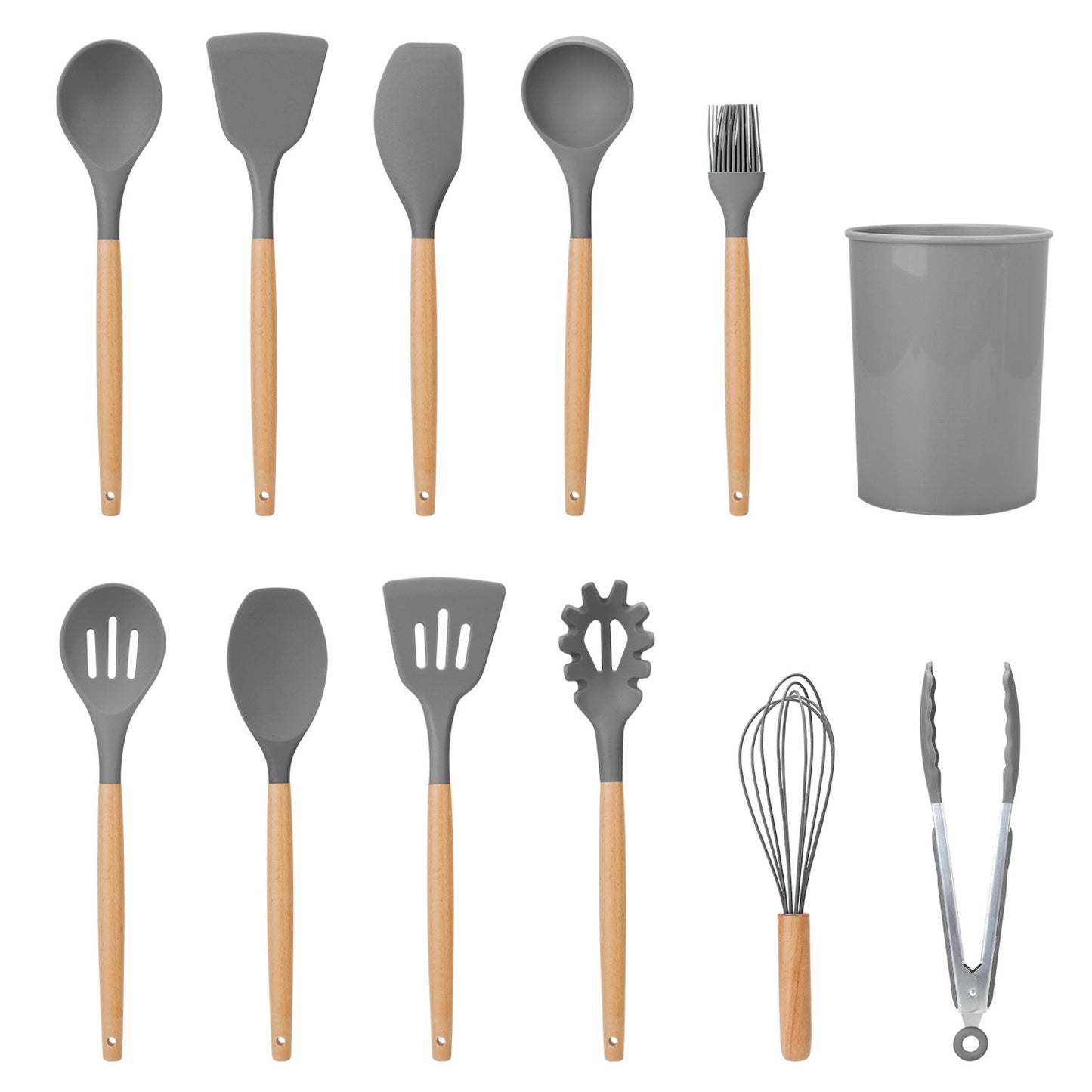 title:11-Piece Silicone Cooking Utensil Set with Heat-Resistant Wooden Handle - Spatula, Turner, Ladle, Spaghetti Server, Tongs, Spoon, Egg Whisk, and more!;color:Gray