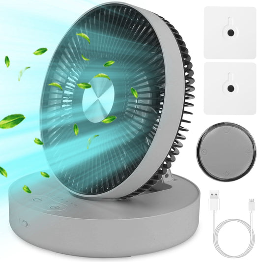 title:Foldable Rechargeable LED Desk Fan - Wall Mounted, Magnetic Remote, 4 Speeds, 2 Brightness, Time Setting;color:Gray