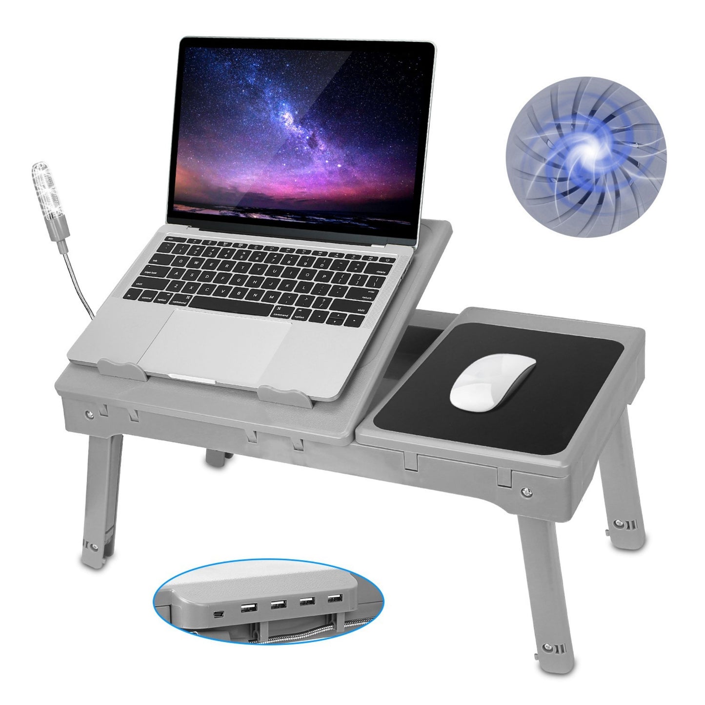 title:Foldable Laptop Table Bed Desk w/Cooling Fan Mouse Board LED 4 USB Ports Snacking Tray with Storage for Home Office;color:Gray