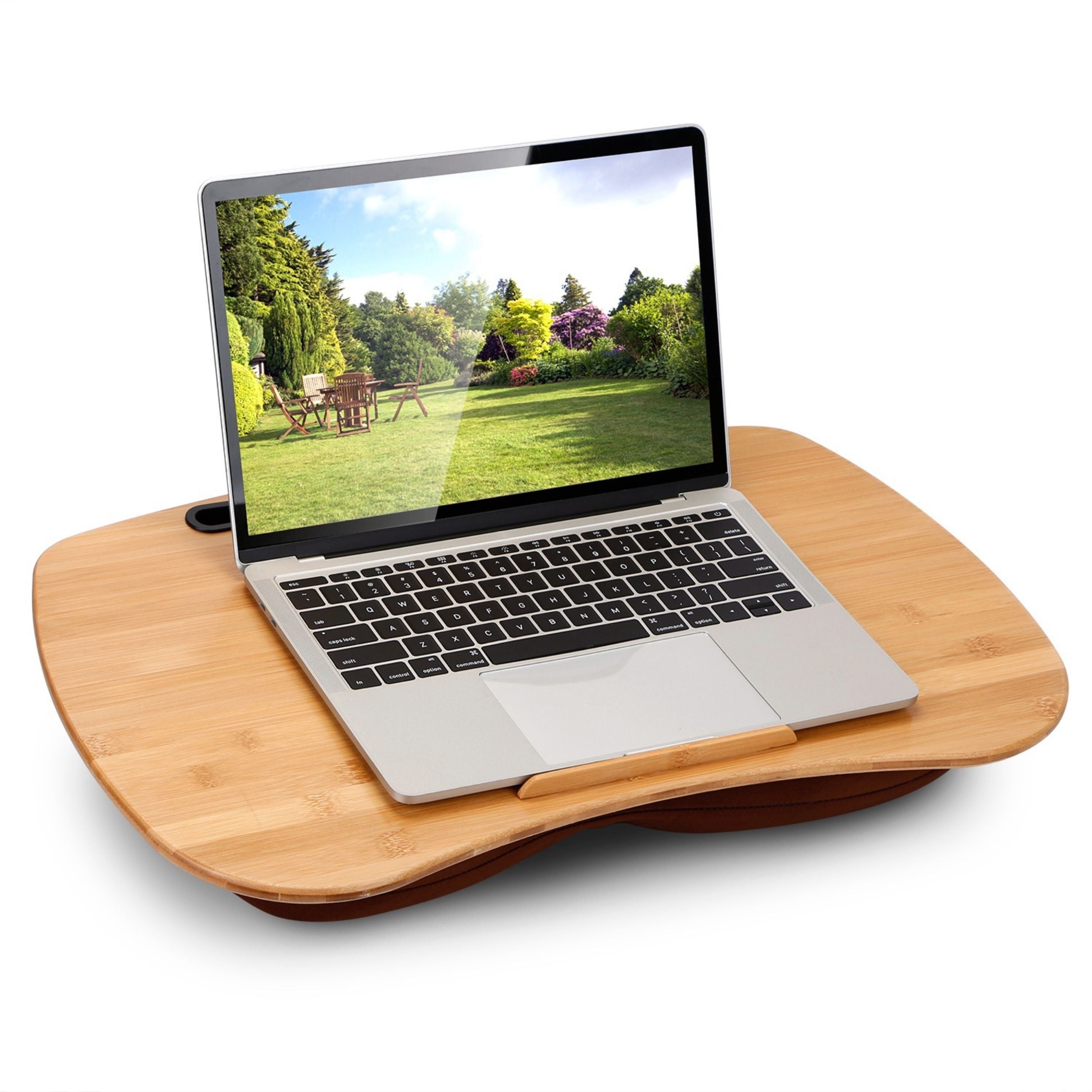 title:Padded Laptop Lap Desk with Bamboo Tablet Stand - 18.5in Tray for Bed, Sofa, Car - Phone Holder & Stopper Ledge;color:Wood