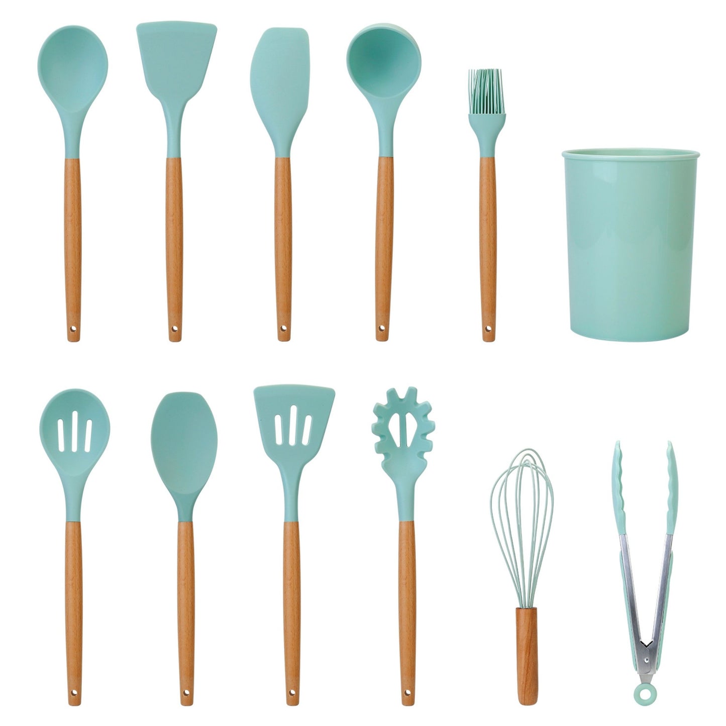 title:11-Piece Silicone Cooking Utensil Set with Heat-Resistant Wooden Handle - Spatula, Turner, Ladle, Spaghetti Server, Tongs, Spoon, Egg Whisk, and more!;color:Light Green