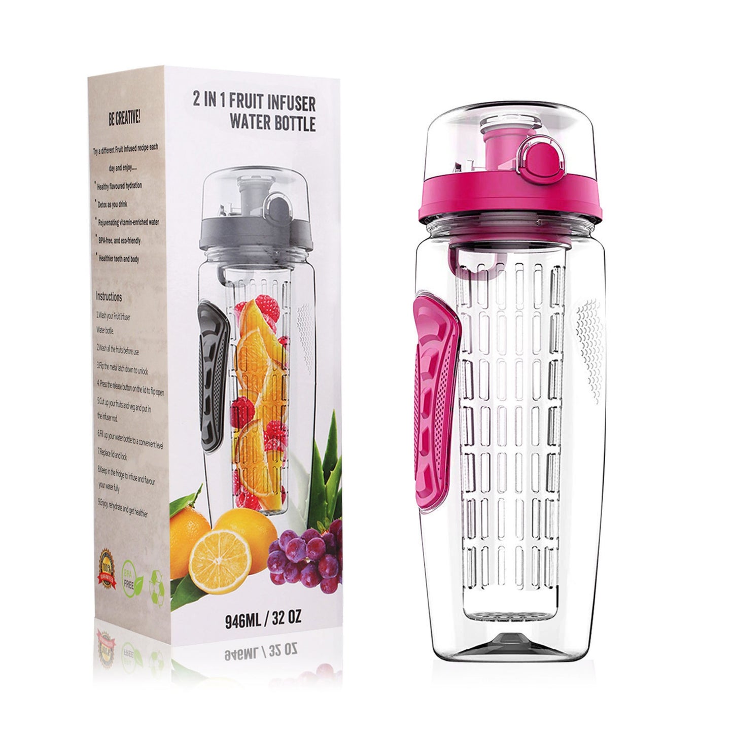 title:32oz Fruit Infuser Water Bottle with Flip Top Lid - Perfect for Office, Home, Sport, Running, Walking, Hiking;color:Pink