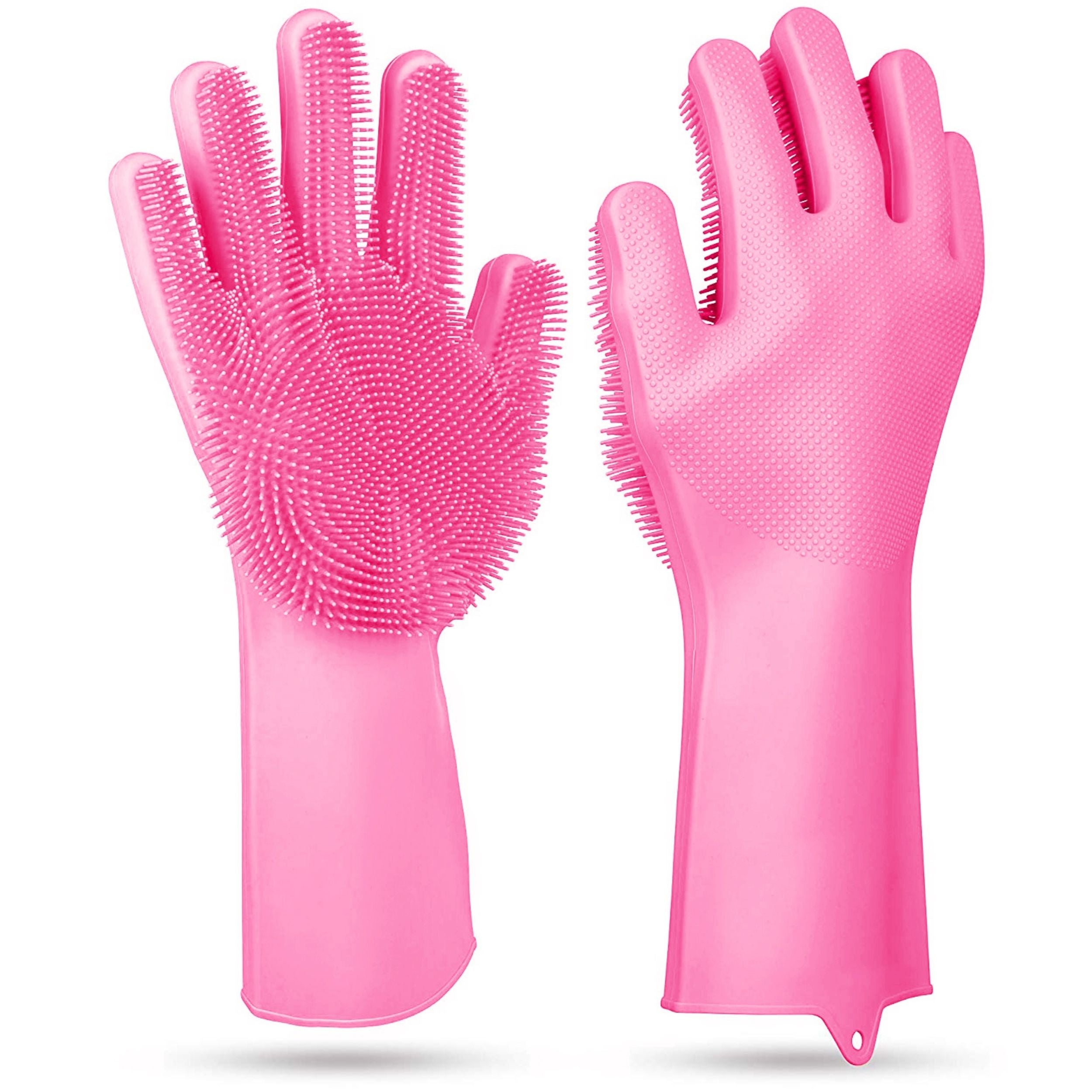 title:1 Pair Silicone Dishwashing Gloves | Cleaning Sponge Scrubber | Heat Resistant | Pet Safe | Wash Gloves;color:Pink