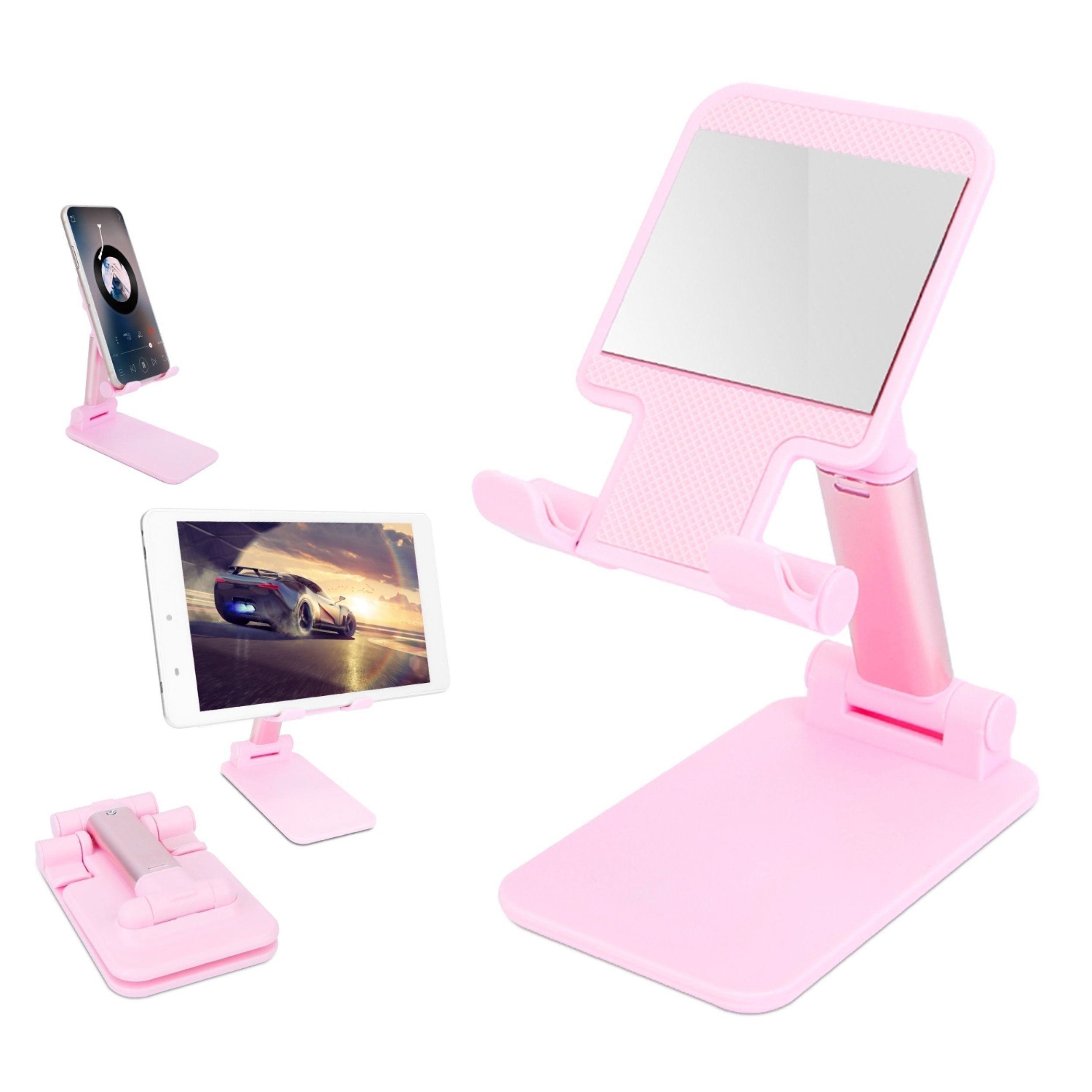 title:Foldable Phone Stand - Adjustable Angle & Height - Fits 4-12.9in Device - Tablet Holder Cradle Dock with Mirror;color:Pink