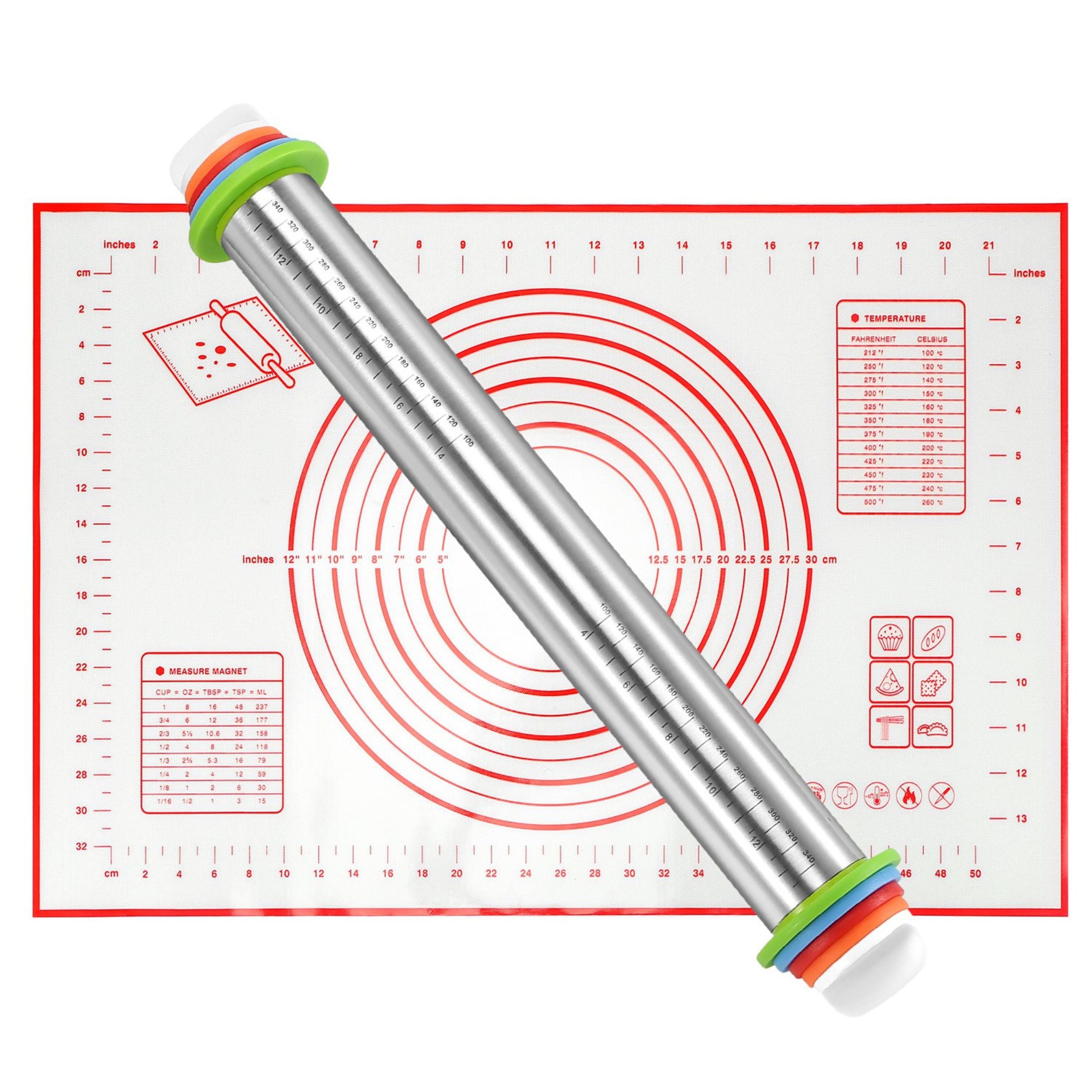 title:Stainless Steel Rolling Pin with 4 Adjustable Rings, Rolling Mat - Baking Pizza, Fondant & Pie - 150 characters.;color:Red