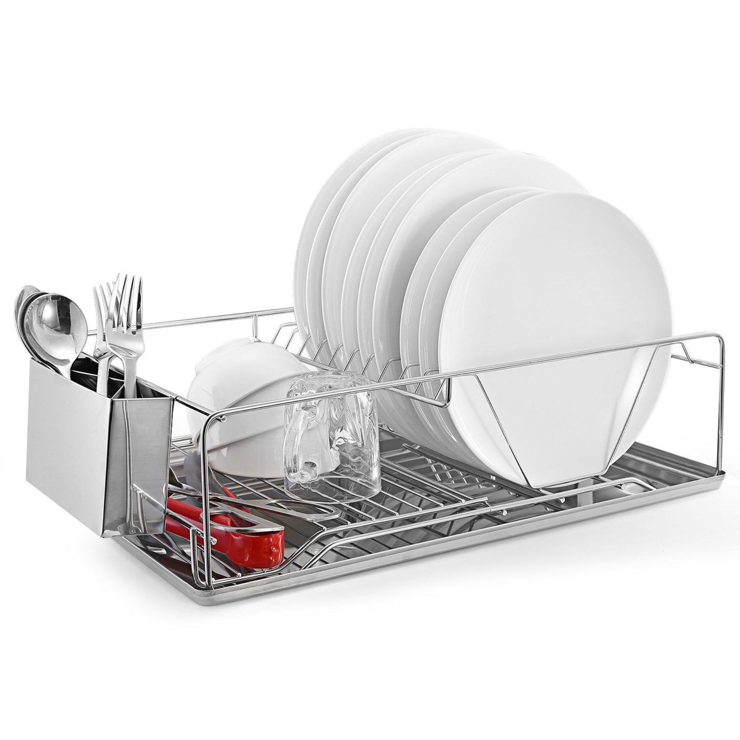 title:Stainless Steel Dish Rack with Drainboard & Cutlery Holder - Kitchen Organizer (w/ Specs);color:Silver