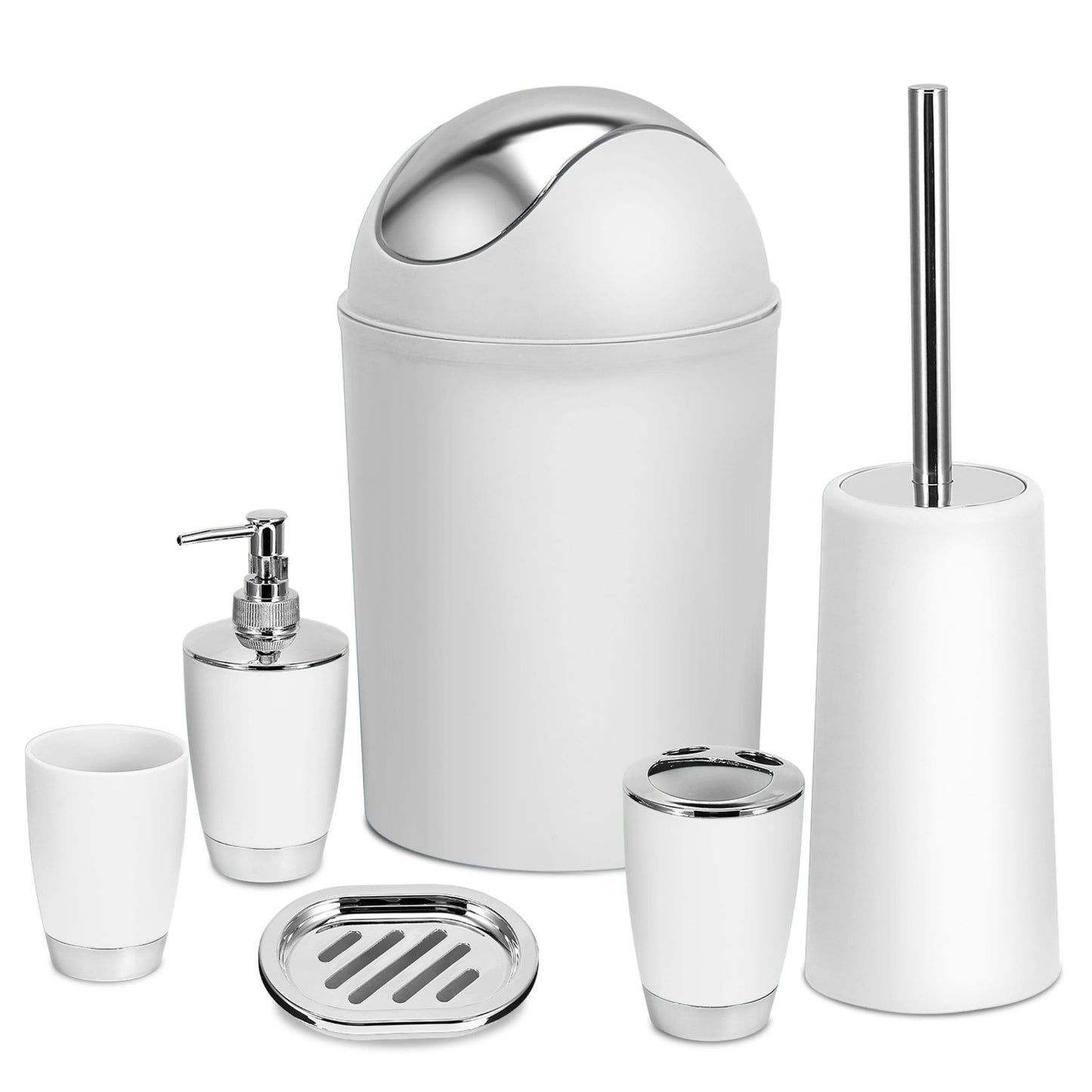 title:Bathroom Accessories Set 6 Pcs Bathroom Set Ensemble Complete Soap Dispenser Toothbrush Holder Tumbler Soap Dish Toilet Cleaning Brush Trash Can;color:White