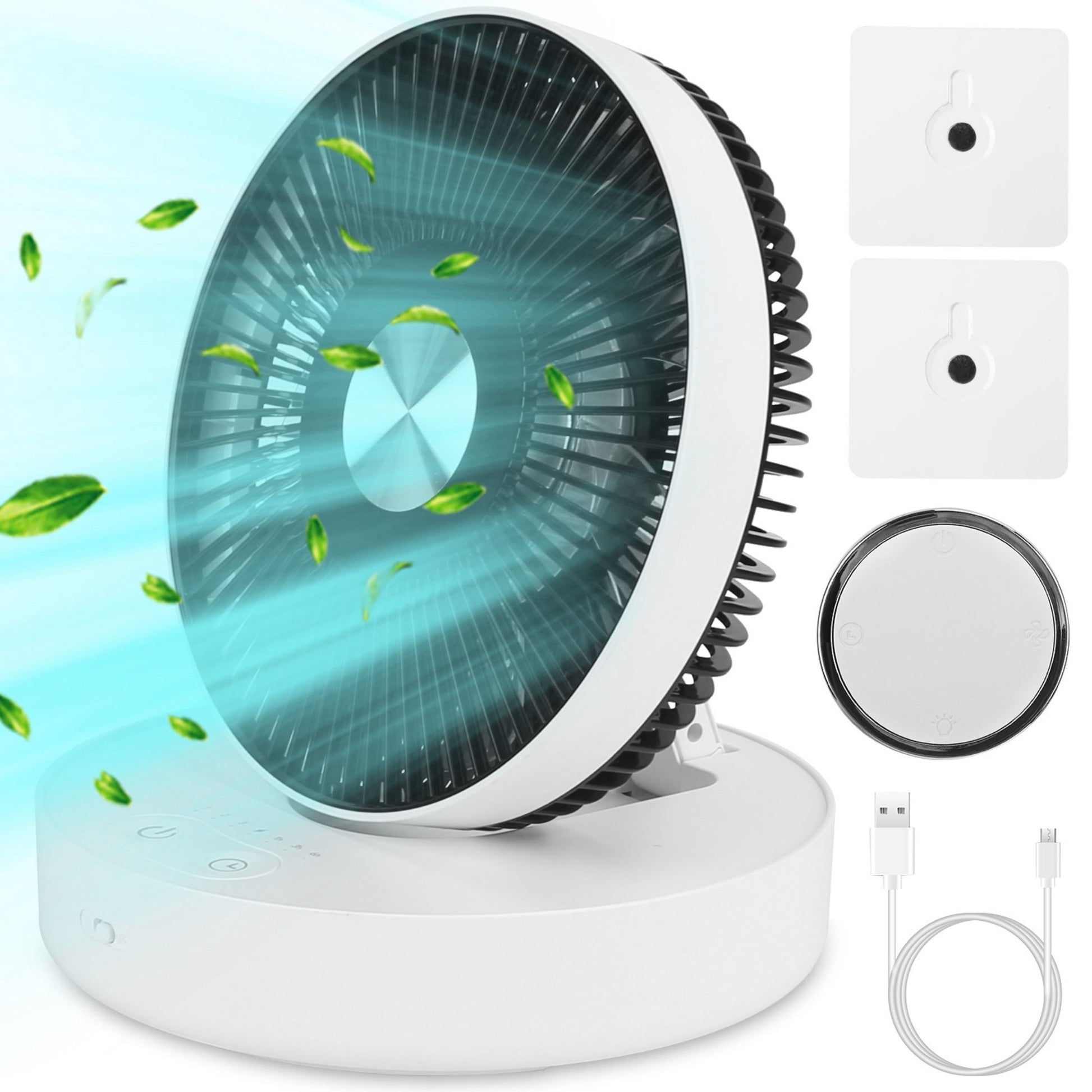 title:Foldable Rechargeable LED Desk Fan - Wall Mounted, Magnetic Remote, 4 Speeds, 2 Brightness, Time Setting;color:White