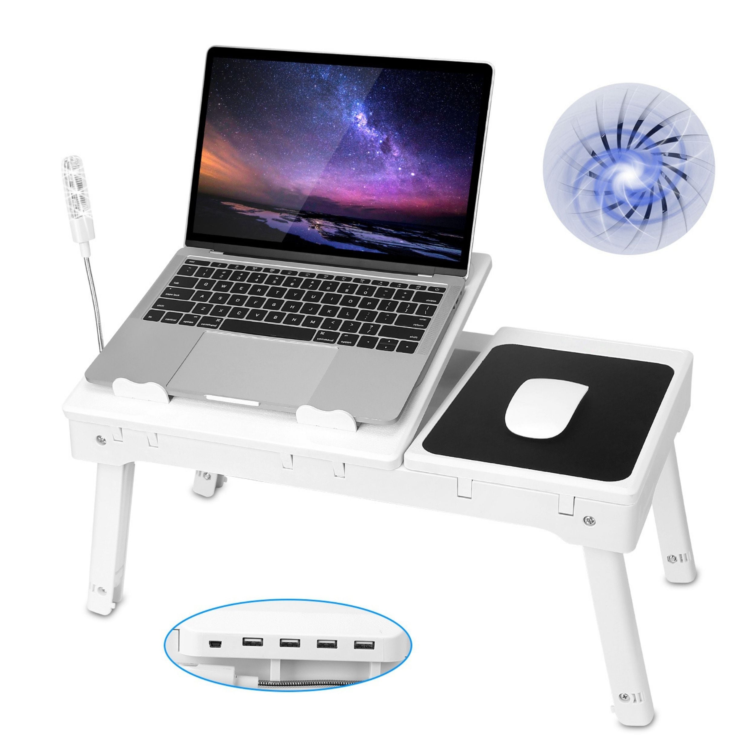 title:Foldable Laptop Table Bed Desk w/Cooling Fan Mouse Board LED 4 USB Ports Snacking Tray with Storage for Home Office;color:White