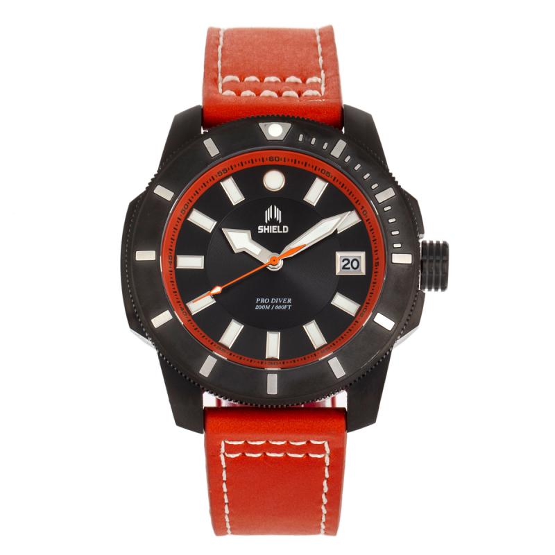 Shield Shaw Leather-Band Men's Diver Watch w/Date - Ruumur