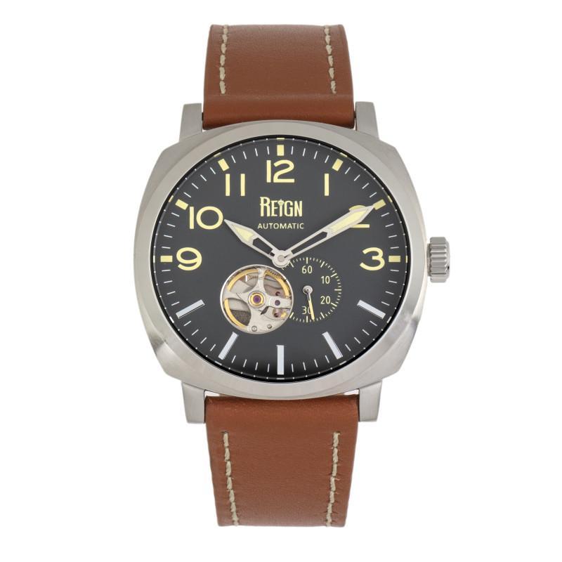 Reign Napoleon Automatic Semi-Skeleton Leather-Band Watch