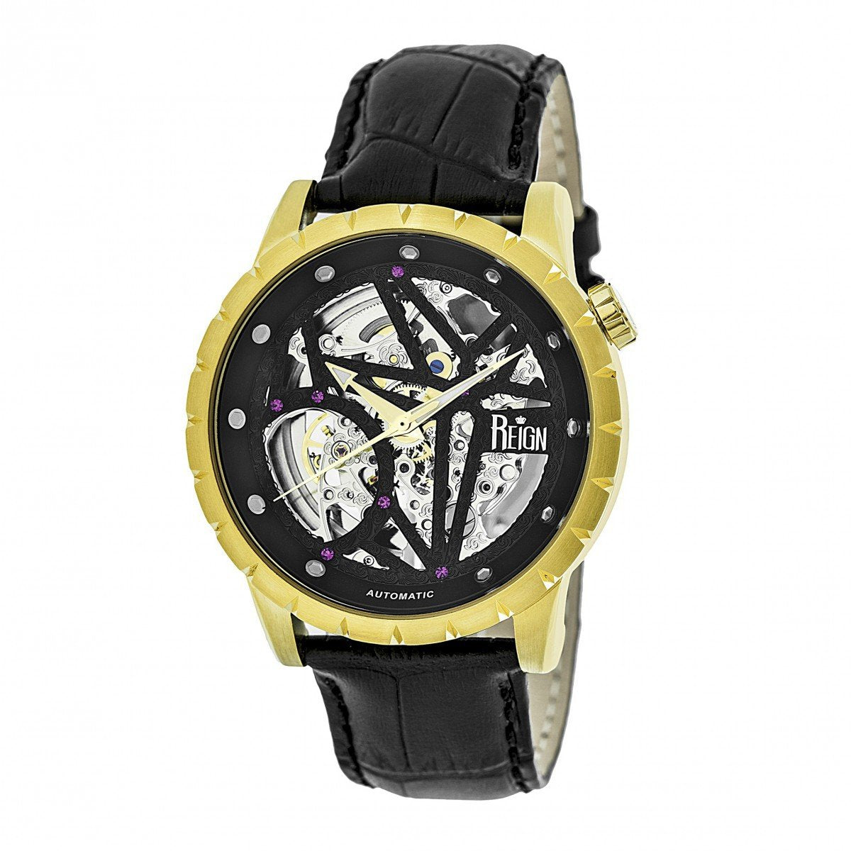 Reign Xavier Automatic Skeleton Leather-Band Watch - Gold/Black - REIRN3904