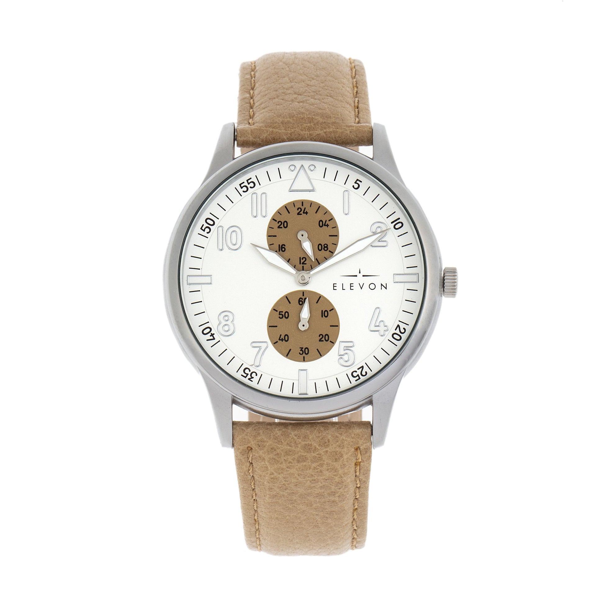 Elevon Turbine Leather-Band Watch - Silver/Khaki - ELE116-1