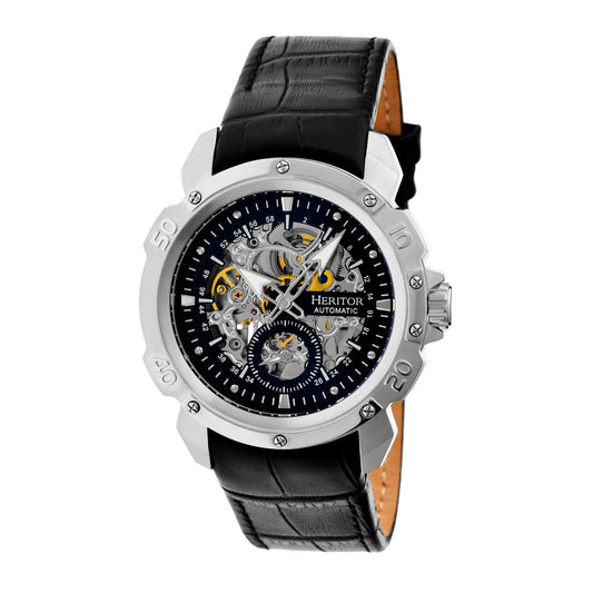 Heritor Automatic Conrad Skeleton Leather-Band Watch - Silver/Black - HERHR2504