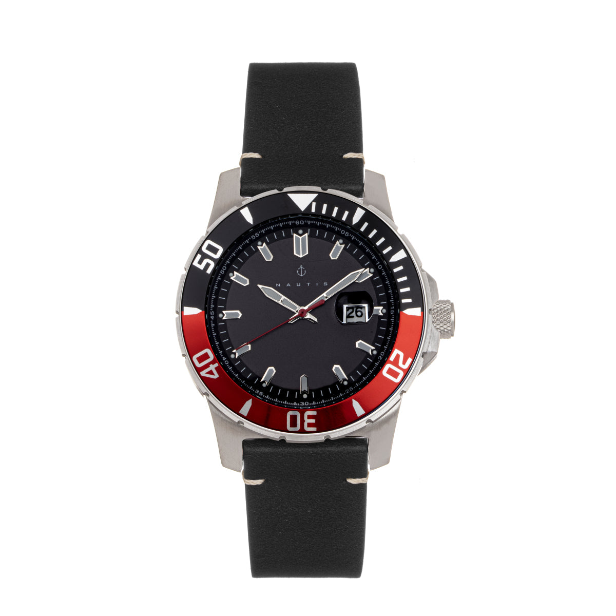 Nautis Dive Pro 200 Leather-Band Watch w/Date - Black & Red - GL1909-C