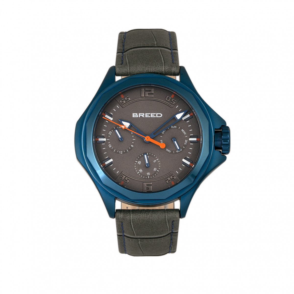 Breed Tempe Leather-Band Watch w/Day/Date - Gray/Blue - BRD6905