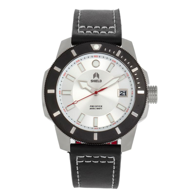 Shield Shaw Leather-Band Men's Diver Watch w/Date - Ruumur