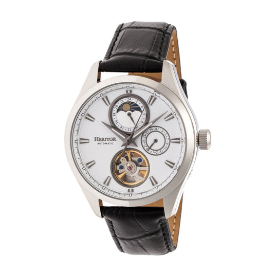 Heritor Automatic Sebastian Semi-Skeleton Leather-Band Watch  - Silver - HERHR6901