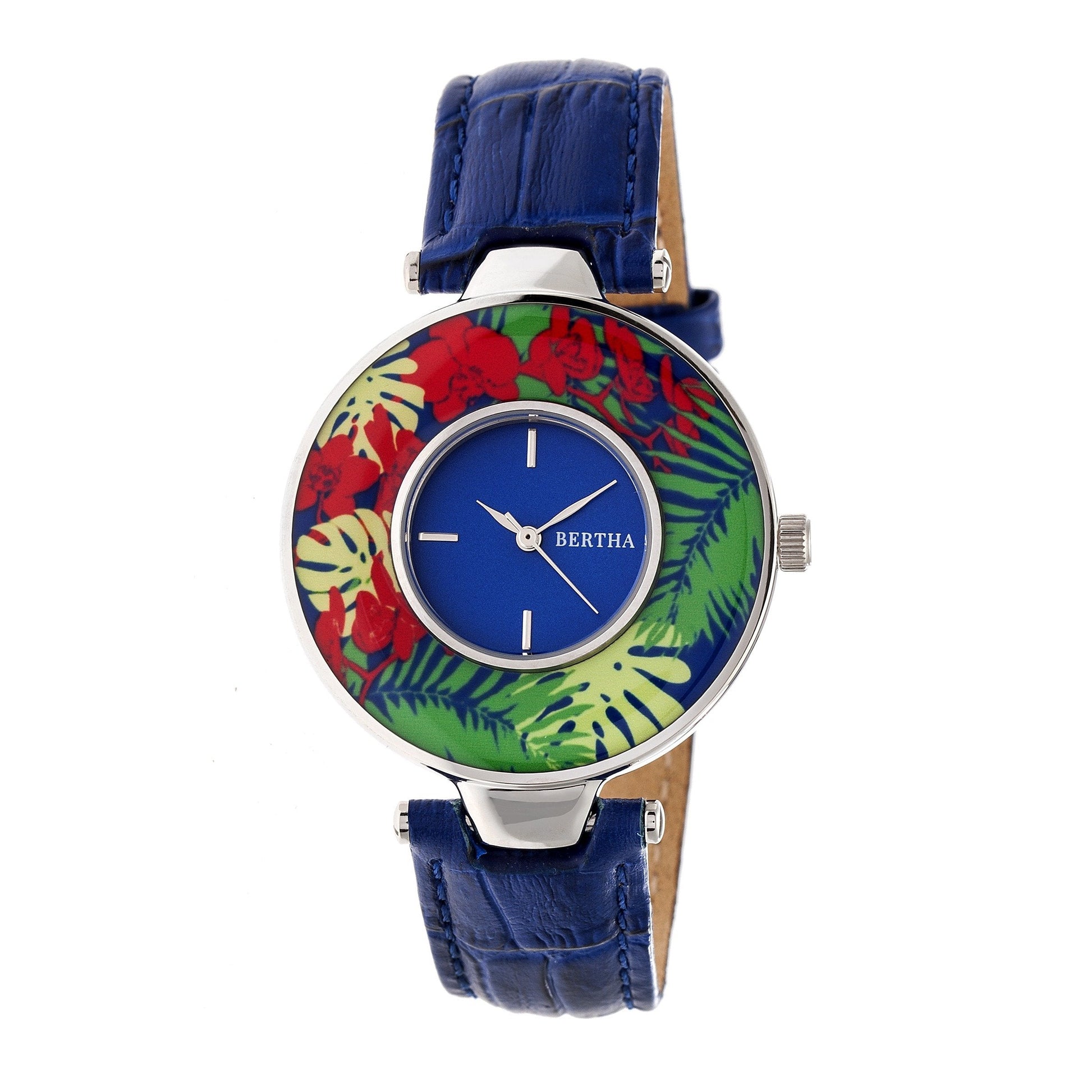 Bertha Elizabeth Unique Bezel Leather-Band Watch - Silver/Blue - BTHBR6604