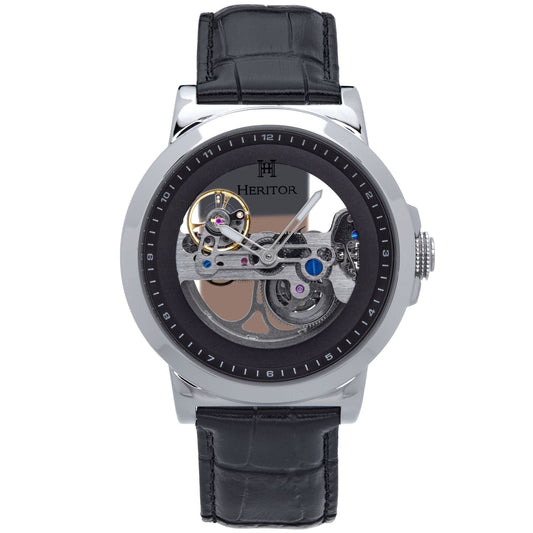 Heritor Automatic Xander Semi-Skeleton Leather-Band Watch - Silver/Black - HERHS2401