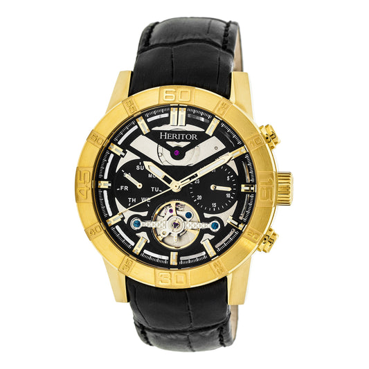 Heritor Automatic Hannibal Semi-Skeleton Leather-Band Watch - Gold/Black - HERHR4104