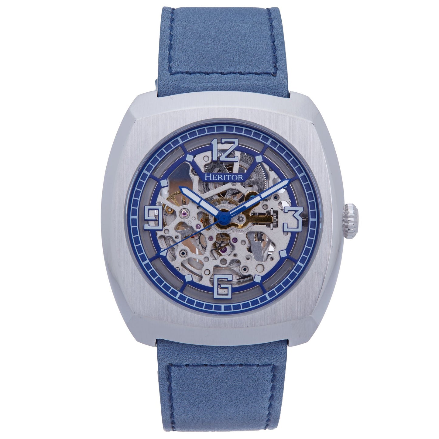 Heritor Automatic Gatling Skeletonized Leather-Band Watch - Silver/Navy - HERHS2301