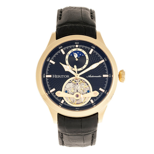 Heritor Automatic Gregory Semi-Skeleton Leather-Band Watch - Gold/Black - HERHR8104