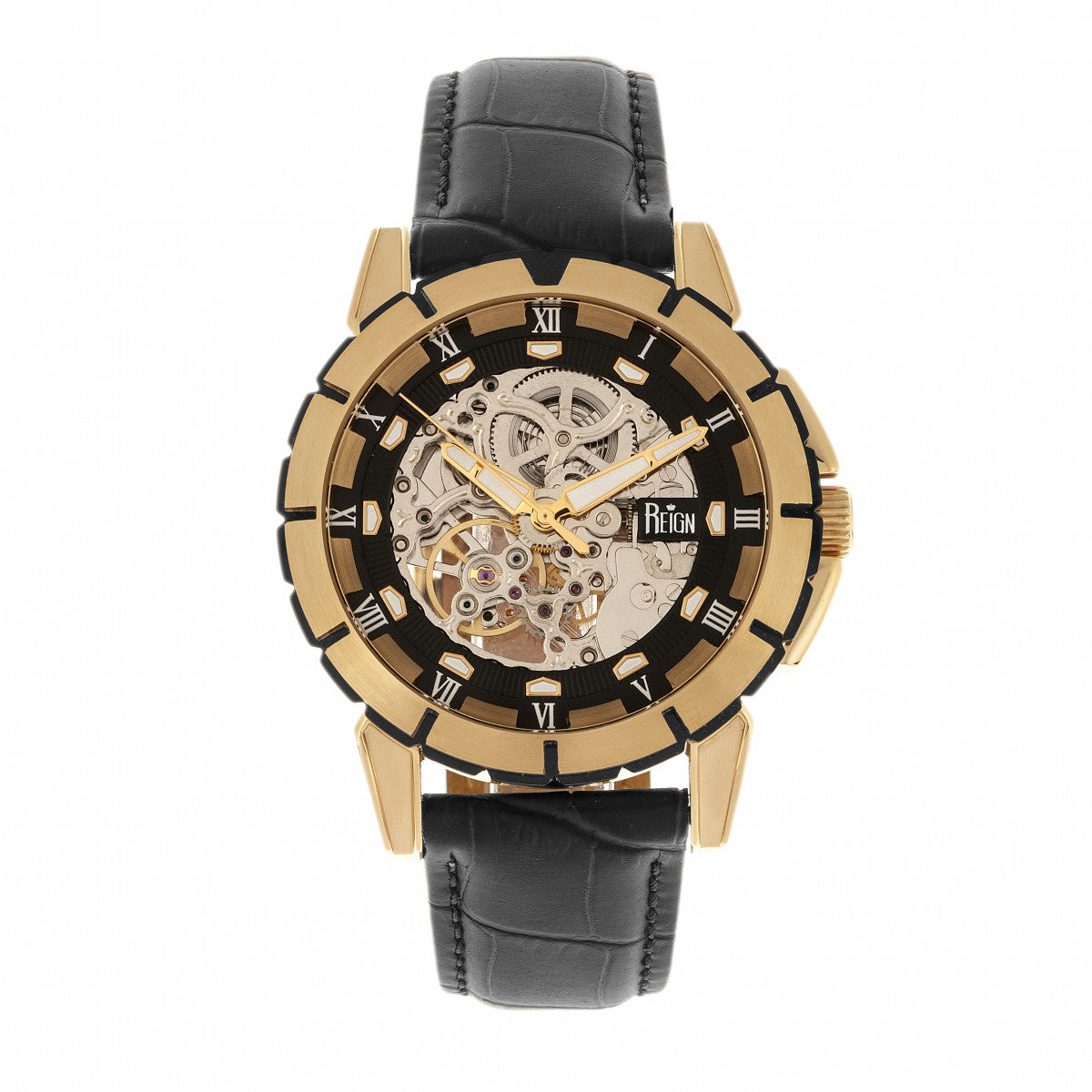 Reign Philippe Automatic Skeleton Leather-Band Watch - Gold/Black - REIRN4605