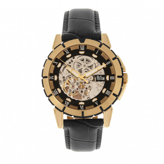 Reign Philippe Automatic Skeleton Leather-Band Watch - Gold/Black - REIRN4605