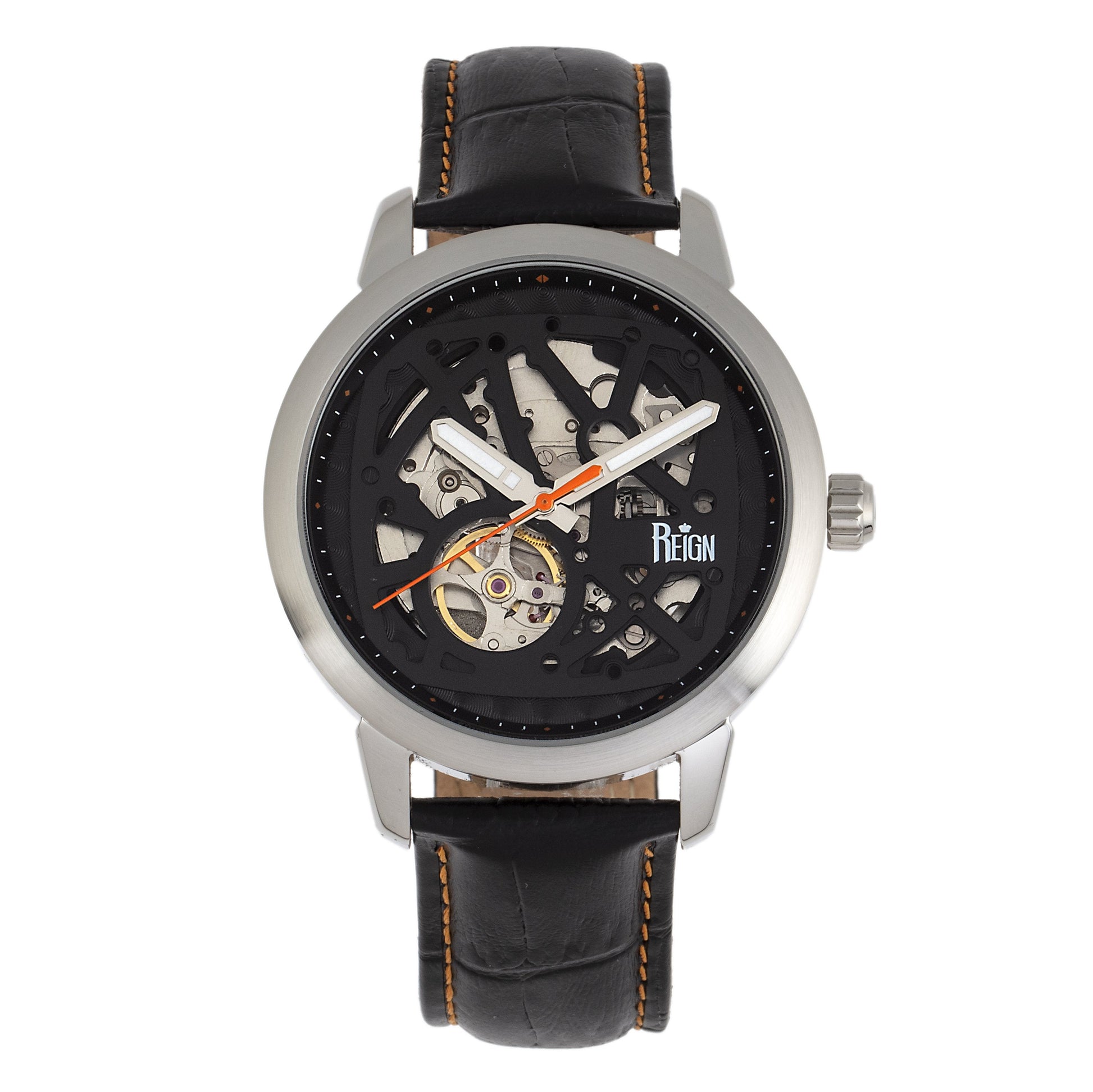 Reign Rudolf Automatic Skeleton Leather-Band Watch - Silver/Orange - REIRN5902